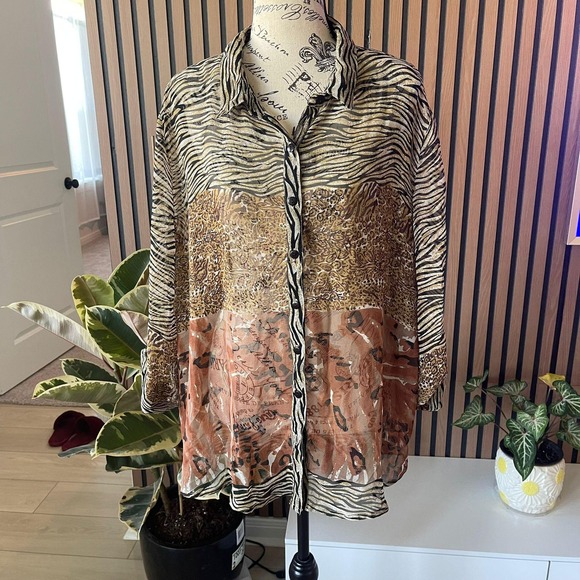 Maggie & Max Women's Animal Print Button Down Shirt Blouse Top 1X Oversized - Picture 1 of 8